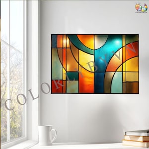May include: A stained glass panel with a geometric design. The artwork features a variety of colors, including orange, yellow, teal, and blue, with black lines separating the shapes. The text "COLORLYBYVN" is visible on the artwork.