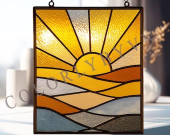Sunrise Stained Glass Pattern: Landscape Suncatcher Template (SVG PDF PNG) GE57