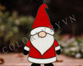 Santa Gnome Stained Glass Pattern: Christmas Suncatcher Template (PDF, SVG, PNG, L105GO)