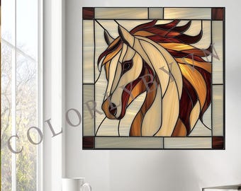 馬のステンドグラスアートプリント5枚セット：動物テーマ（デジタル