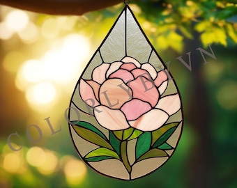 Motivo in vetro colorato con peonia, pannello a goccia con acchiappasole a forma di fiore, design naturale per appendere finestre PDF, PNG (L229PA)