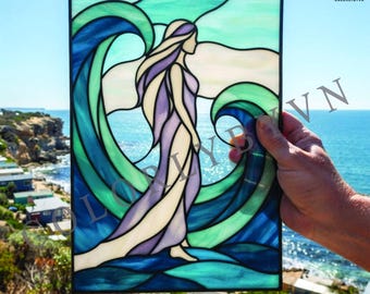 Sea Goddess Stained Glass Pattern, Ocean Wave Suncatcher, Mermaid Beach House Decor Template, Art Nouveau Glass Art (PDF, SVG, PNG, L54FR)