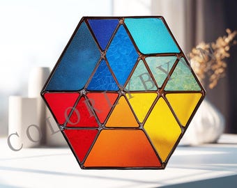 Geometric Hexagon Stained Glass Pattern, Modern Suncatcher Template PDF PNG, Color Block Glass Art Design, Abstract Window Decor (L3GE25)