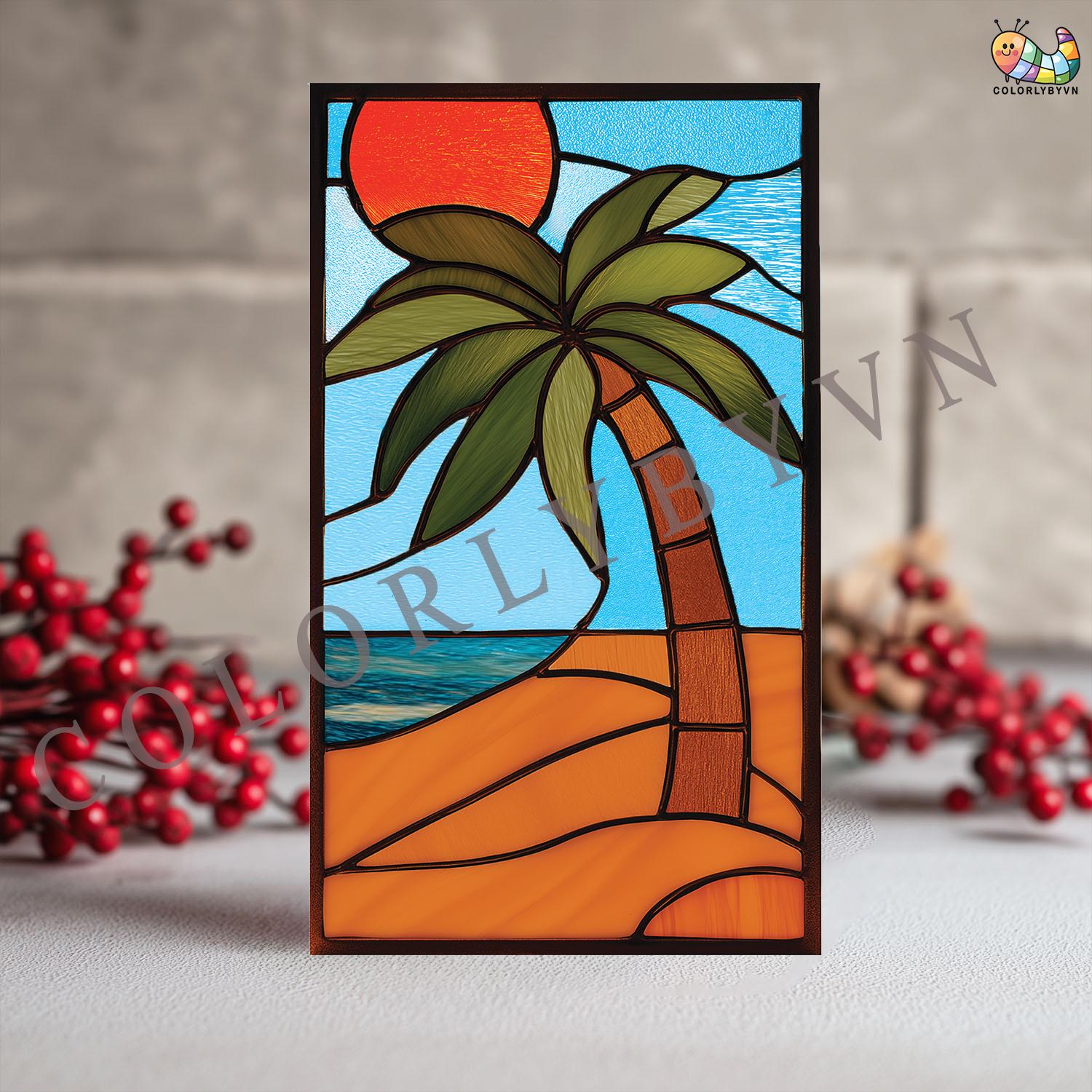 Palm Tree Stained Glass Pattern: Tropical Beach Window Panel, Sunset ...