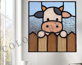 Cow Stained Glass Panel Pattern, Farm Animal Window Art Template, DIY Glass Panel Design for Home Decor (L95SI)