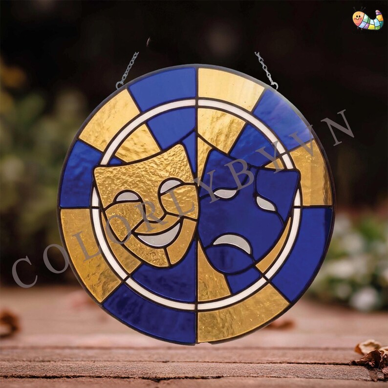 Theater Mask Stained Glass Pattern, Comedy Tragedy Suncatcher, Drama Masks Round Panel, Vintage Stage Art SVG PDF PNG (L165TH) image 3
