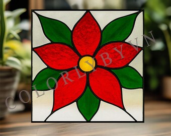 Poinsettia Stained Glass Pattern, Flower Suncatcher Template PDF SVG, Floral Glass Art Design, Christmas Window Hanging Craft (L79TH)