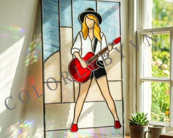 Girl Guitar Stained Glass Pattern, Pop Singer Inspired Panel, Music Lovers Glass Art (L11FR)
