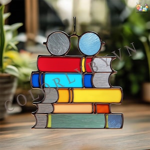 Books and Glasses Stained Glass Pattern, Reading Suncatcher Template, Book Lover DIY Glass Art PDF, Library Decor Gift