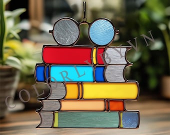 Books and Glasses Stained Glass Pattern, Reading Suncatcher Template, Book Lover DIY Glass Art PDF, Library Decor Gift