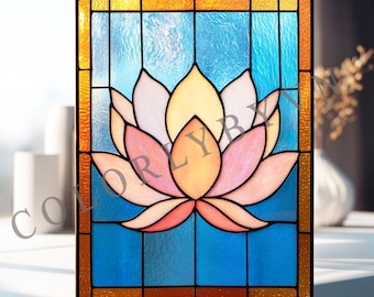 Lotus Stained Glass Panel Pattern, Sacred Lotus Flower Suncatcher Template, Floral Window Hanging Glass Art PDF SVG (L122FL)