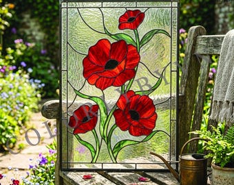 Poppy Stained Glass Pattern, Red Floral Window Panel Template (PDF PNG, SVG, L208FL)
