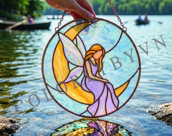 Moon Fairy Stained Glass Pattern, Magical Winged Girl Panel, Fantasy Glass Art, Celestial Decor (PDF, SVG, PNG, L77FA)