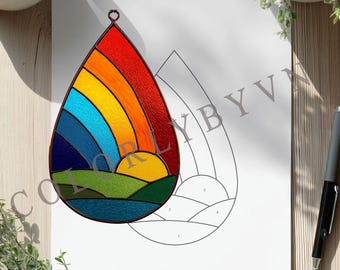 Acchiappasole a forma di goccia in vetro colorato: arte in vetro arcobaleno, decorazione astratta colorata per finestre (PDF, PNG, SVG)