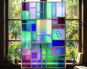 Geometric Stained Glass Pattern: Modern Abstract Window Panel Template, Rectangular Mosaic Suncatcher Design  PDF PNG (L110GE)