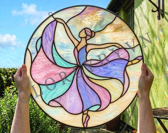 Ballerina Stained Glass Pattern, Dancing Girl Round Panel, Ballet Suncatcher Template SVG PDF PNG (L164TH)