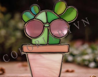 Potted Cactus Stained Glass Pattern: Succulent Suncatcher Glass Art, PDF, SVG, PNG Download (L10PL)