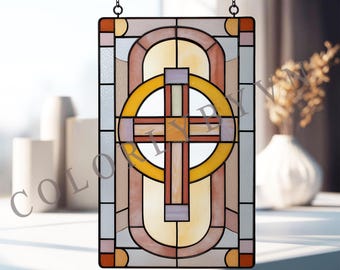 Geometric Cross Stained Glass Panel Pattern, Christian Window Hanging, Modern Sacred Art Suncatcher Template, Instant Download PDF (L26TO)