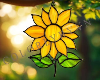 Sunflower Stained Glass Pattern: Floral Suncatcher Template (PDF Download, SVG, PNG Files)