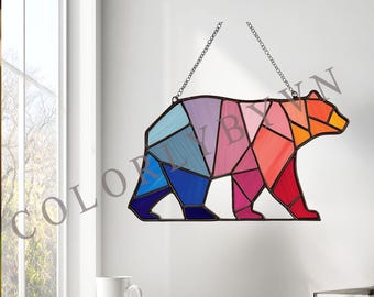 Geometric Bear Stained Glass Pattern: Modern Animal Window Hanging, PDF PNG SVG Download (L250AN)