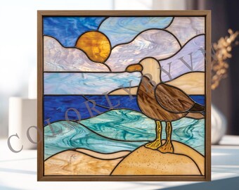 Seagull Stained Glass Pattern, Beach Bird Suncatcher Template, Coastal Sea Glass Panel Design, Ocean Window Hanging (L267BI)