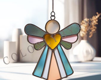 Modello di vetrata con angelo e cuore, modello fai da te per acchiappasole, design artistico in vetro per ornamenti natalizi, download immediato in PDF (L30TO)