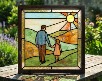 Father and Daughter Stained Glass Pattern,  Family Silhouette Window Panel, Meaningful Gift for Dad, Printable PDF SVG PNG (L14FR)