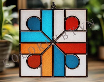 Geometrisches Glasmalerei-Muster, Modernes Abstraktes Suncatcher-Vorlage, Quadratisches Fensterbild SVG PDF zum Aufhängen, Farbblock Glas-Kunstdesign (L57TO)