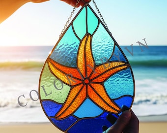Modello di vetro colorato a forma di stella marina, modello di acchiappasole a forma di oceano a goccia, arte in vetro fai da te a forma di stella marina, design costiero PDF PNG (L27OC)