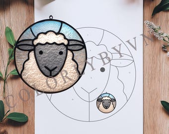 Motivo per vetrate con pecore: simpatico animale da fattoria rotondo, facile decorazione per finestre per principianti, download immediato in PDF, PNG (L145ANL)