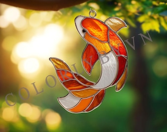 Koi Fish Stained Glass Suncatcher Pattern, Orange Goldfish Window Hanging Template, Beginner Friendly Glass Art Design PDF PNG (L92OC)