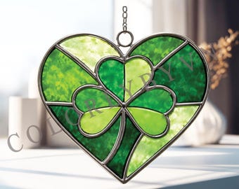 Shamrock Heart Stained Glass Pattern, Irish Clover Heart Suncatcher Template,  St Patrick’s Day Decor, PDF PNG  (L25PT)