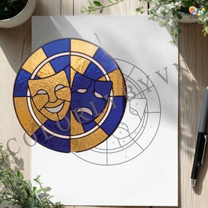 Theater Mask Stained Glass Pattern, Comedy Tragedy Suncatcher, Drama Masks Round Panel, Vintage Stage Art SVG PDF PNG (L165TH) image 9