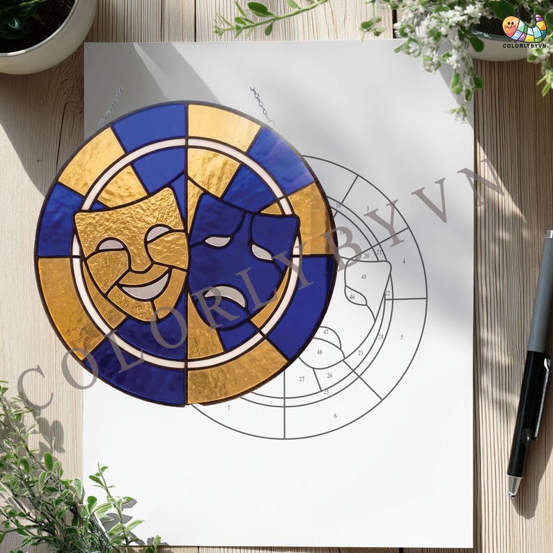 Theater Mask Stained Glass Pattern, Comedy Tragedy Suncatcher, Drama Masks Round Panel, Vintage Stage Art SVG PDF PNG (L165TH) image 9