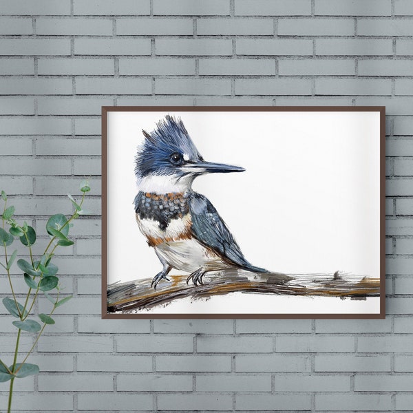Belted Kingfisher Print, Bird Illustration, Digital Drawing, Animal Wildlife Art Postcard  BK1