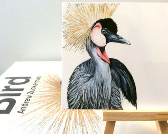 Grey Crowned Crane Print, African Wildlife Illustration, Bird Wall Decor, Affordable Postcard Art  GCC