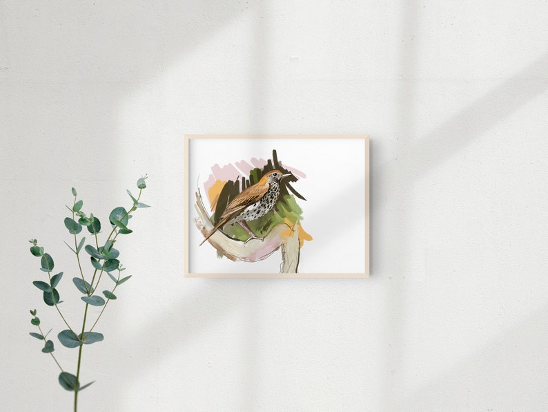 Wood Thrush Art Print, Songbird Illustration, Digital Bird Drawing, Animal Wildlife Postcard image 1