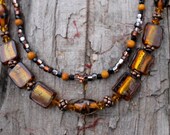 Autumn Fire - Necklace of Gold Foil Lamp Work Beads, Copper, Swarovski Crystal, Yellow Jasper, Vintage Jet, Czech Glass Beads x