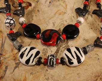 Black Bird Bling - Necklace of Kazuri and Carved Bone Black Bird Beads, African Trade and Lava Stone Beads