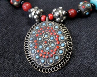 Necklace, "Mixed Bag" - Pendent of Turquoise and Coral, Silver snd Coral rounds, Turquoise, Carnelian and Black Onyx