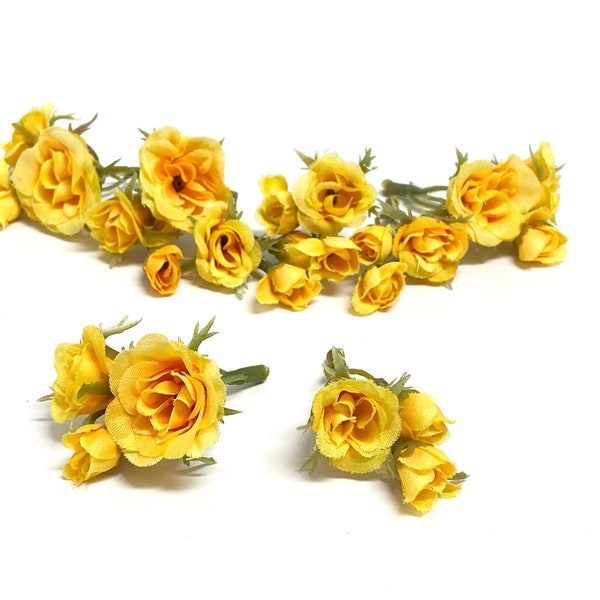 24 Tiny YELLOW ORANGE Mini Roses -Artificial Flowers, Silk Flowers, Wedding, Millinery, Flower Crown, Hair Accessories, Corsage, Boutonnière