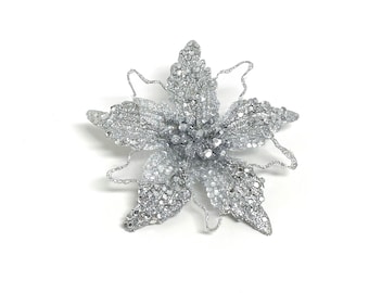 1 Silver Glitter Artificial Poinsettia Flower Clip - Silk Flowers, Artificial Flower, Flower Crown, Christmas Ornament, Wedding, DIY, Wreath