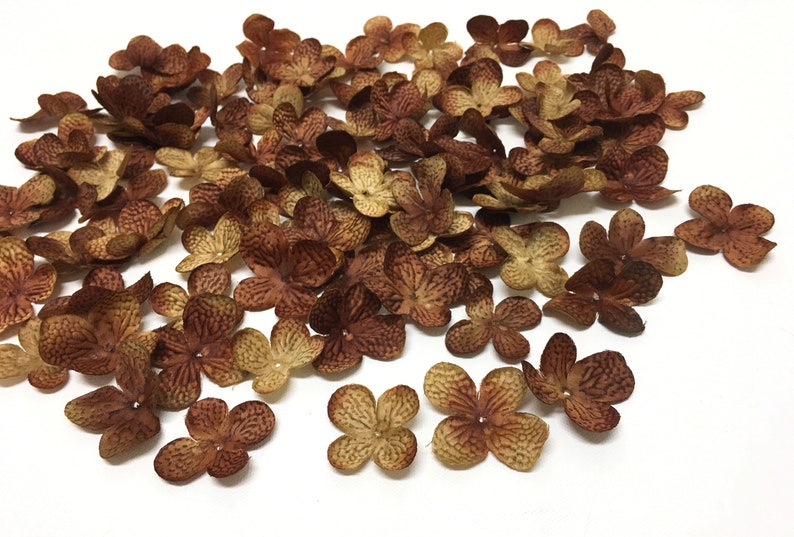 Artificial Flower Petals 80 Artificial Hydrangea Blossoms in Deep Brown- Silk Flowers Embellishments Millinery Wedding Hair Accessories