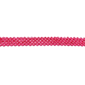 May include: A close-up of a pink crocheted trim with a repeating pattern of small loops.
