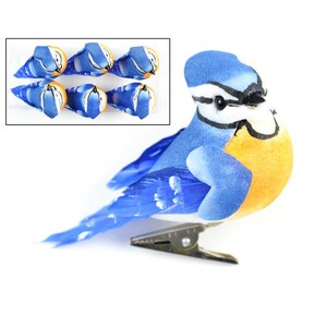 Less Than Perfect- SIX Decorative Blue and Yellow Blue Jays On CLIPS - Mushroom Birds - Home Decor, Christmas Decorations, Millinery, Crafts