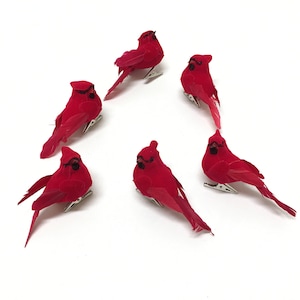 Artificial Birds - 6 Decorative Artificial Cardinals ON CLIPS - Craft Embellishment - Home Decor, Christmas Decorations, Ornament, Wreath