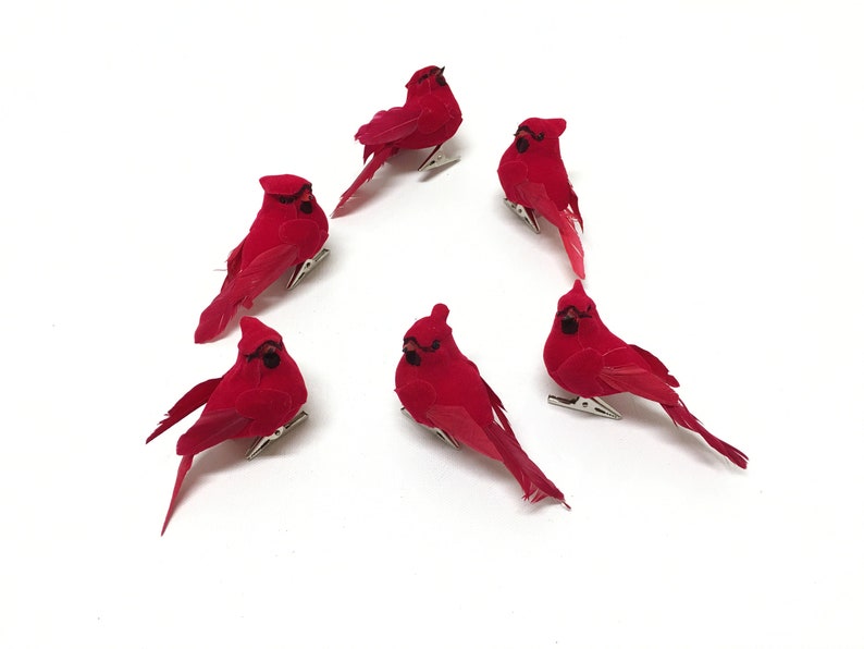 Artificial Birds 6 Decorative Artificial Cardinals ON CLIPS Craft Embellishment Home Decor, Christmas Decorations, Ornament, Wreath image 1