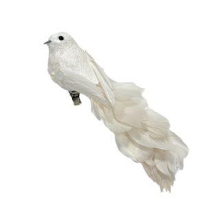 Artificial WHITE Glitter Bird with Feather Tail on Clip - Craft Embellishment, Home Decor, Christmas Decoration, Hair Accessory, Wedding