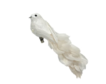 Artificial WHITE Glitter Bird with Feather Tail on Clip - Craft Embellishment, Home Decor, Christmas Decoration, Hair Accessory, Wedding