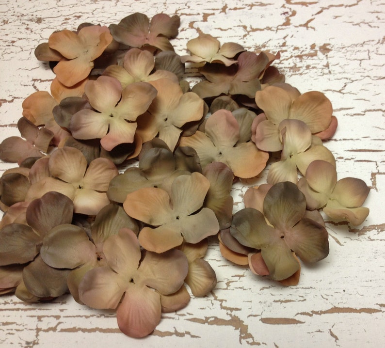 50 Dry Look Hydrangea Blossoms in Shades of Brown Artificial Flowers, Silk Flowers, Scrapbooking, Wedding, Flower Crown, Millinery image 1